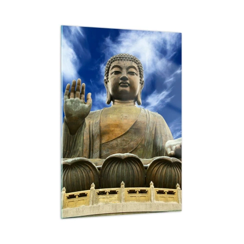 Cuadro sobre vidrio - Impresiones sobre Vidrio - Una gran estatua de Buda contra un cielo azul. - 50x70cm - Vivir sin miedo - Decoración de pared moderna para salón y dormitorio ARTTOR