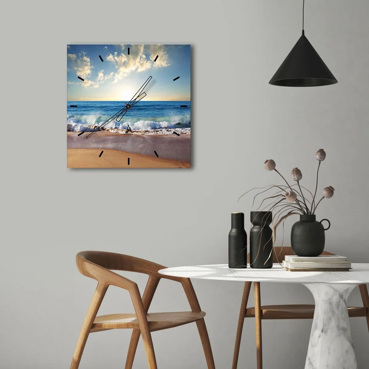 Reloj de pared - Reloj de vidrio - Una playa soleada con olas rompiendo en la orilla. - 30x30cm - Movimiento y quietud al mismo tiempo - Decoración de pared moderna para salón y dormitorio ARTTOR
