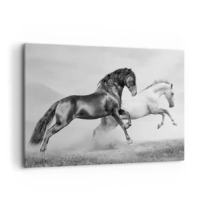 Cuadro sobre lienzo - Impresión de Imagen - Dos caballos al galope en una composición dinámica en blanco y negro - 120x80cm - Ángeles y demonios - Decoración de pared moderna para salón y dormitorio ARTTOR