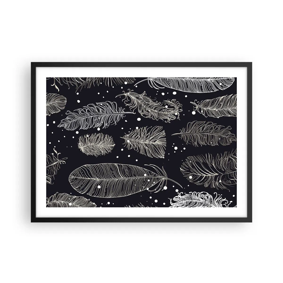 Póster en marco negro - Delicadas plumas blancas sobre un fondo azul marino. - 70x50cm - Encaje de plumas - Decoración de pared moderna para salón y dormitorio ARTTOR