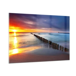 Cuadro sobre vidrio - Impresiones sobre Vidrio - Puesta de sol sobre el mar con rompeolas de madera - 100x70cm - Escuchar el silencio - Decoración de pared moderna para salón y dormitorio ARTTOR