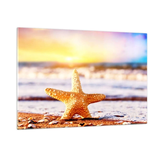 Cuadro sobre vidrio - Impresiones sobre Vidrio - Estrellas de mar en la playa a la luz del sol poniente - 120x80cm - Regalo del mar - Decoración de pared moderna para salón y dormitorio ARTTOR