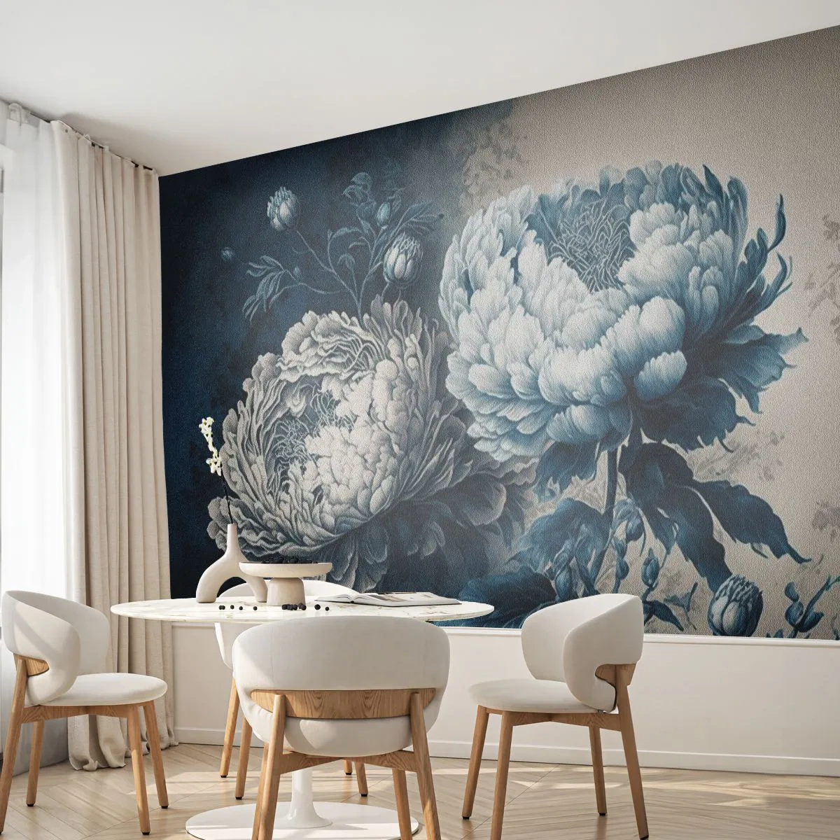 Fotomural Premium Sand - Flores de peonía en tonos azul y crema. - 100x70cm - Una pareja unida - Decoración de pared moderna para salón y dormitorio ARTTOR