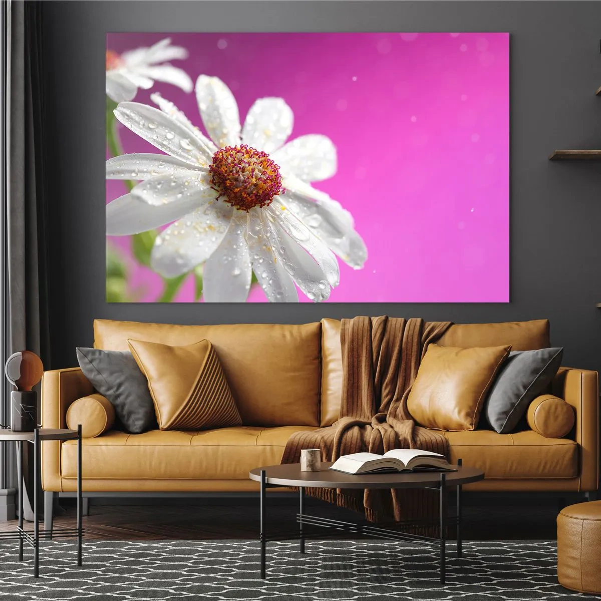 Cuadro sobre vidrio - Impresiones sobre Vidrio - Fotografía macro de una flor blanca con gotas de rocío sobre un fondo rosa. - 70x50cm - Modesto en su belleza - Decoración de pared moderna para salón y dormitorio ARTTOR