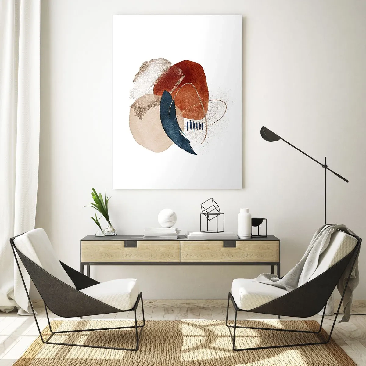 Cuadro sobre vidrio - Impresiones sobre Vidrio - Una composición abstracta en tonos cálidos con elementos acuáticos. - 50x70cm - Composición ovalada - Decoración de pared moderna para salón y dormitorio ARTTOR