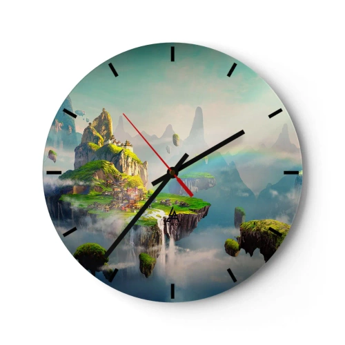 Reloj de pared - Reloj de vidrio - Islas colgantes con cascadas y exuberante vegetación entre las nubes - 30x30cm - El medio de la nada - islas flotantes - Decoración de pared moderna para salón, cocina y dormitorio ARTTOR