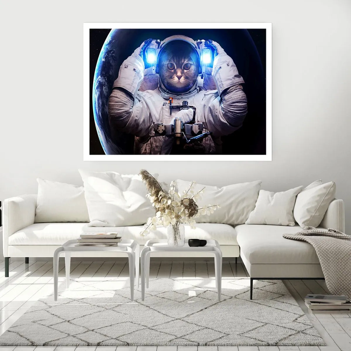 Póster - Un gato en un traje de astronauta con la Tierra al fondo y una luz brillante. - 100x70cm - Houston, tienes un problema. - Decoración de pared moderna para salón y dormitorio ARTTOR