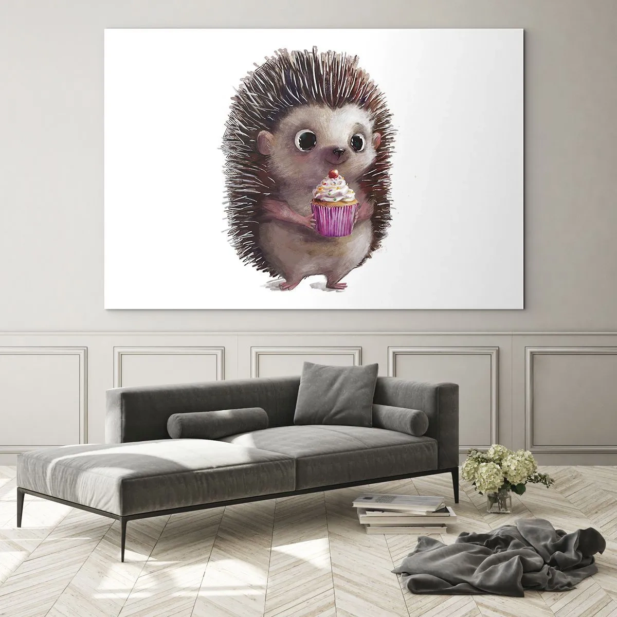 Cuadro sobre vidrio - Impresiones sobre Vidrio - Un lindo erizo con una magdalena sobre un fondo blanco. - 70x50cm - La celebración es diaria - Decoración de pared moderna para salón y dormitorio ARTTOR