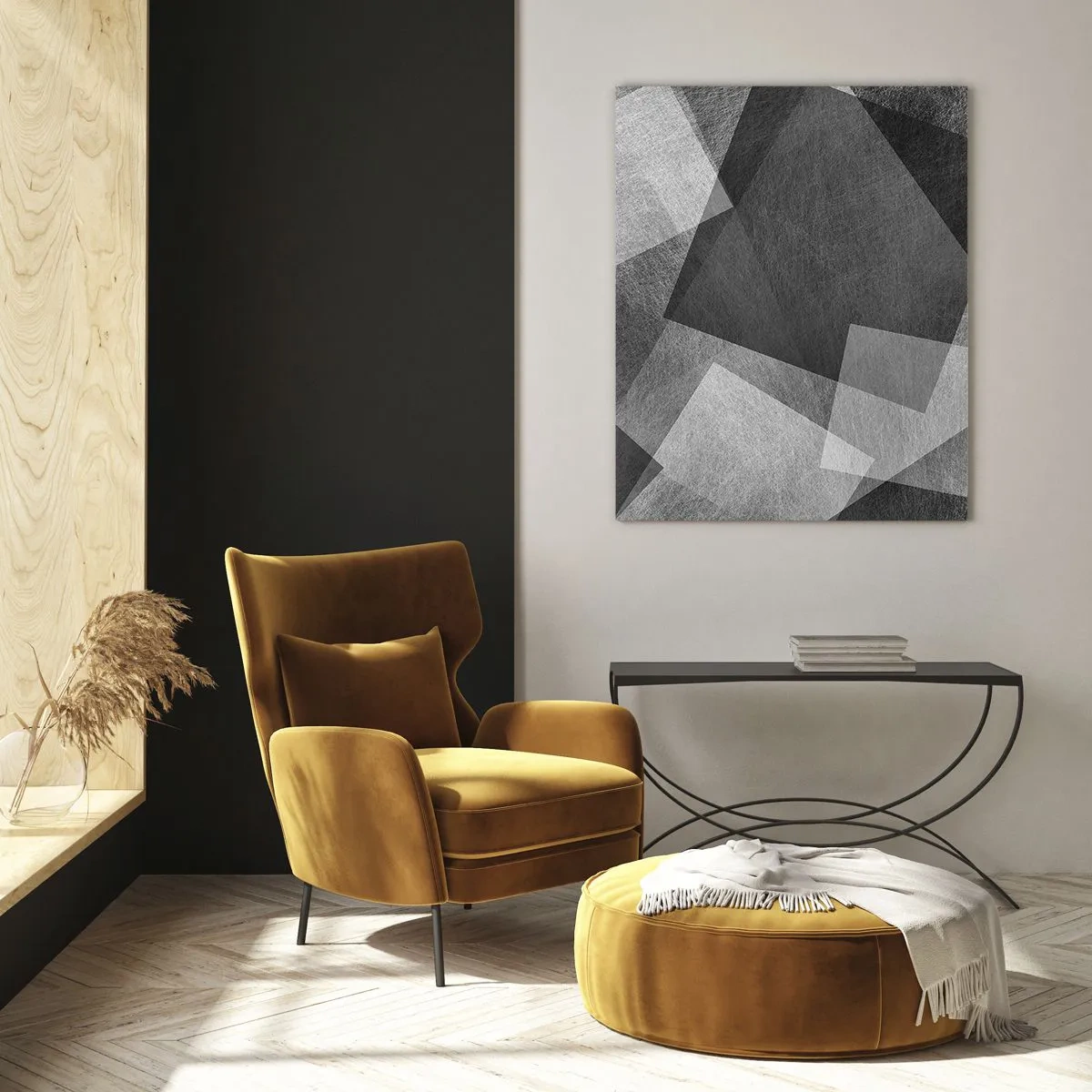 Cuadro sobre vidrio - Impresiones sobre Vidrio - Abstracción en blanco y negro con formas geométricas. - 80x120cm - Un símbolo eterno de permanencia y orden - Decoración de pared moderna para salón y dormitorio ARTTOR