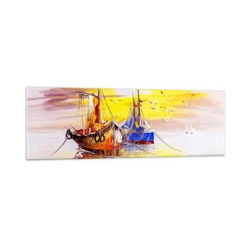 Cuadro sobre vidrio - Impresiones sobre Vidrio - Una escena pictórica de barcos en un mar en calma. - 160x50cm - Un merecido descanso en el puerto - Decoración de pared moderna para salón y dormitorio ARTTOR