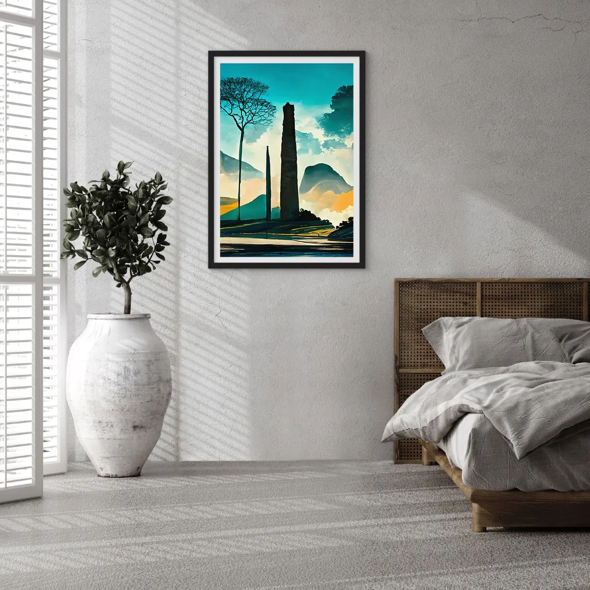 Póster en marco negro - Un paisaje misterioso con obeliscos monumentales - 50x70cm - Cada vez a más altitud - Decoración de pared moderna para salón y dormitorio ARTTOR