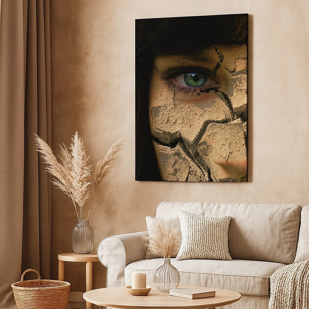 Cuadro sobre lienzo - Impresión de Imagen - El rostro de una mujer de ojos verdes cubierto con una estructura de tierra agrietada. - 50x70cm - Deleite y asombro - Decoración de pared moderna para salón y dormitorio ARTTOR