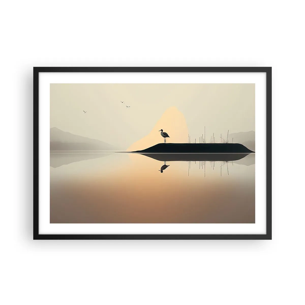 Póster en marco negro - Un pájaro en una isla en un lago tranquilo con tonos cálidos. - 70x50cm - Un caballero en el lago - Decoración de pared moderna para salón y dormitorio ARTTOR