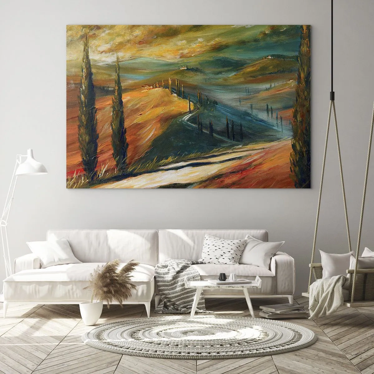 Cuadro sobre vidrio - Impresiones sobre Vidrio - Puesta de sol sobre una colina toscana - 70x50cm - Paisaje toscano - Decoración de pared moderna para salón y dormitorio ARTTOR