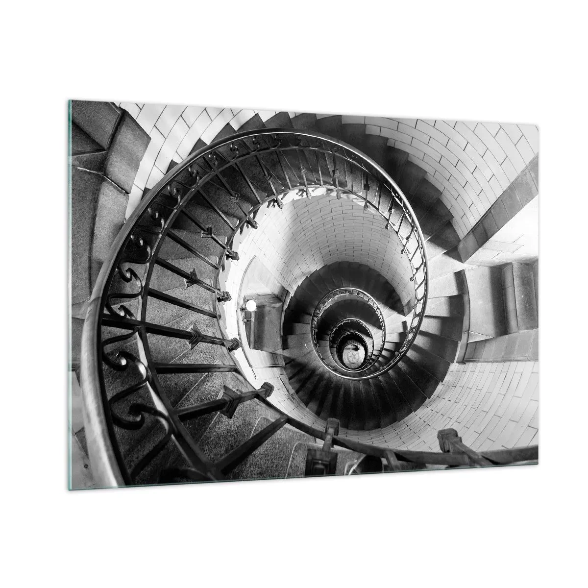 Cuadro sobre vidrio - Impresiones sobre Vidrio - Fotografía en blanco y negro de una escalera de caracol en perspectiva. - 100x70cm - Cada vez más alto - Decoración de pared moderna para salón y dormitorio ARTTOR
