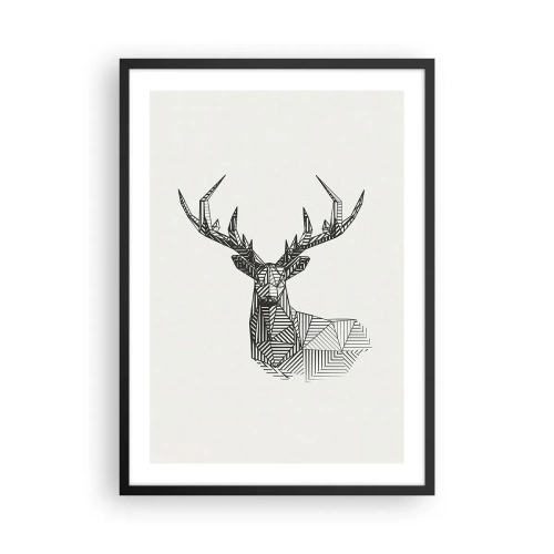 Póster en marco negro - Silueta geométrica de un ciervo en estilo blanco y negro. - 50x70cm - Ciervo en estilo cubista - Decoración de pared moderna para salón y dormitorio ARTTOR