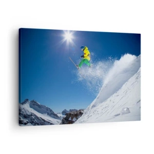 Cuadro sobre lienzo - Impresión de Imagen - Esquiador en el aire con montañas al fondo - 70x50cm - Bailando con las montañas - Decoración de pared moderna para salón y dormitorio ARTTOR