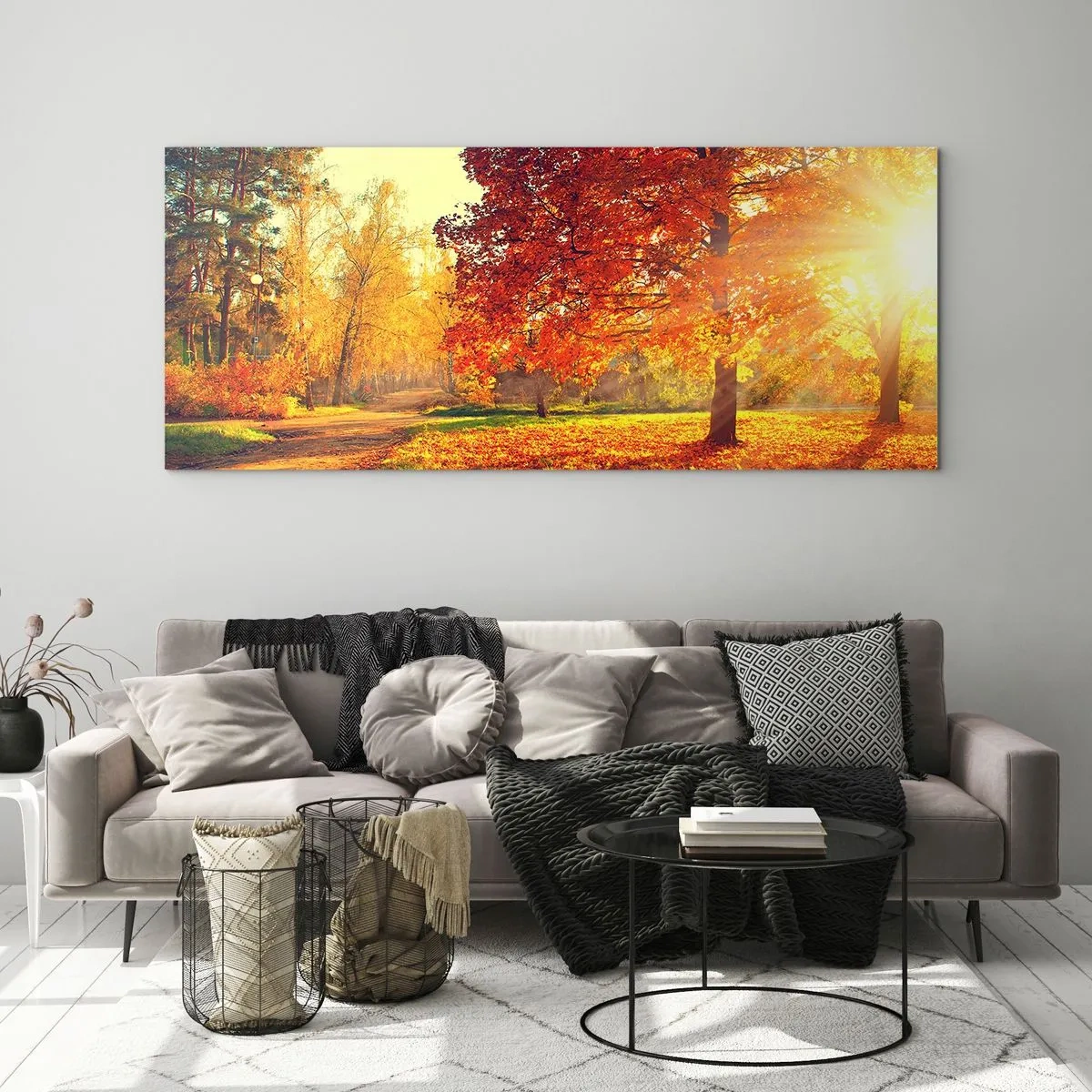 Cuadro sobre vidrio - Impresiones sobre Vidrio - Parque otoñal iluminado por la luz del sol - 120x50cm - El rojo es hermoso - Decoración de pared moderna para salón y dormitorio ARTTOR