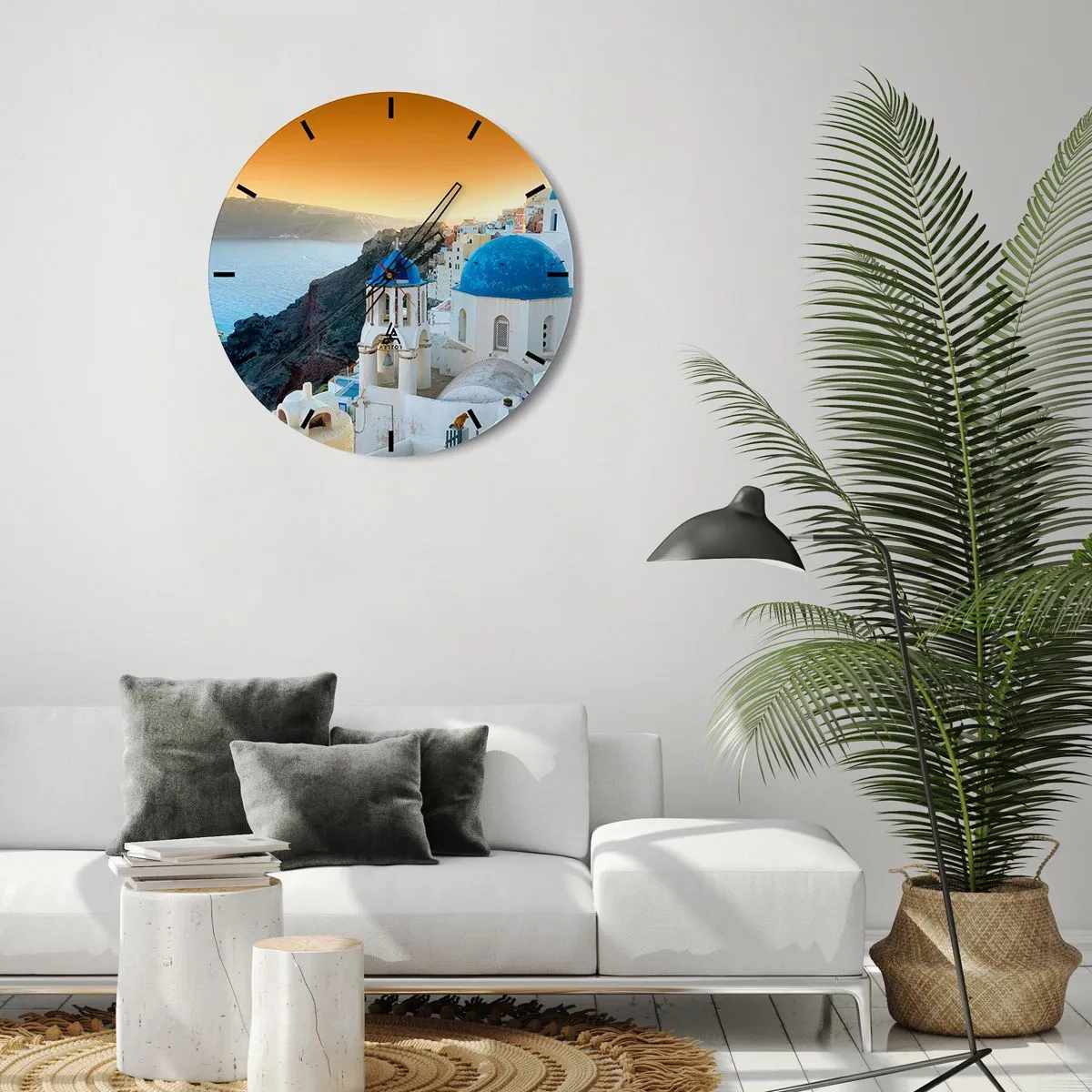 Reloj de pared - Reloj de vidrio - Santorini - el abrazo a las rocas - 40x40 cm