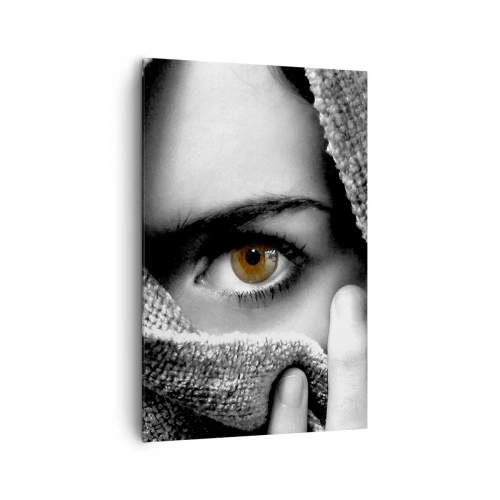 Cuadro sobre lienzo - Impresión de Imagen - Retrato de una mujer con un ojo color ámbar cubierto con una tela en tonos grises. - 80x120cm - Conoce el misterio - Decoración de pared moderna para salón y dormitorio ARTTOR