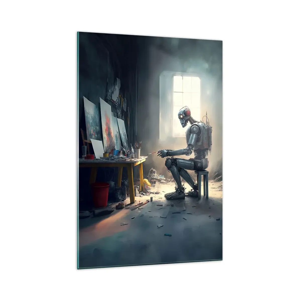 Cuadro sobre vidrio - Impresiones sobre Vidrio - Un robot pintando un cuadro en un estudio de arte. - 70x100cm - El acto de creación - Decoración de pared moderna para salón y dormitorio ARTTOR