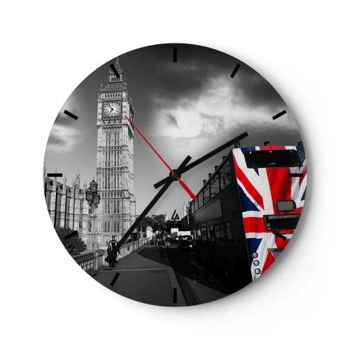 Reloj de pared - Reloj de vidrio - El Big Ben y un autobús con motivo de bandera británica - 30x30cm - Orgullosa y grandiosa - Decoración de pared moderna para salón, cocina y dormitorio ARTTOR