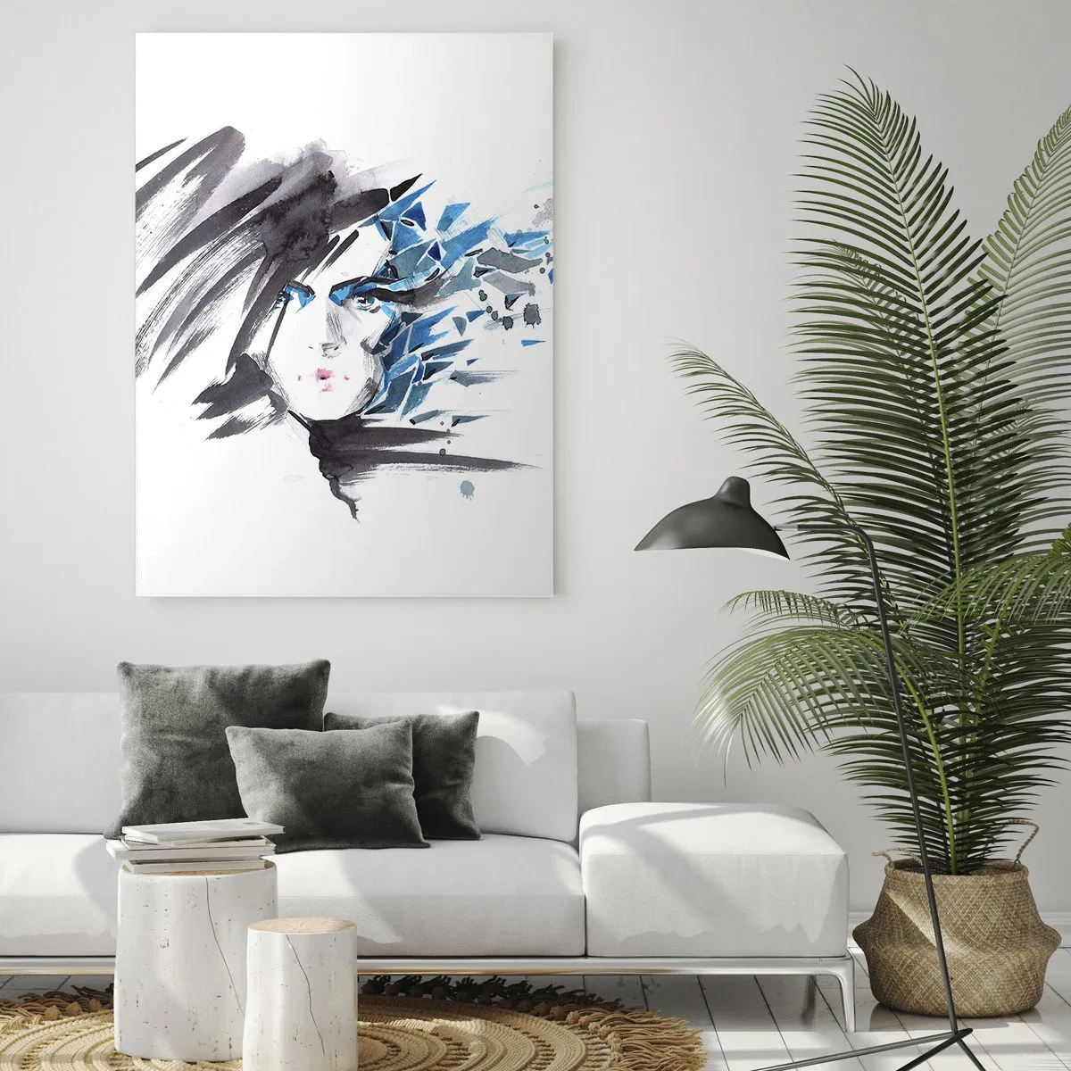 Cuadro sobre vidrio - Impresiones sobre Vidrio - Pintura facial artística de acuarela con acentos azules. - 80x120cm - Un sensual retrato en gris y azul - Decoración de pared moderna para salón y dormitorio ARTTOR
