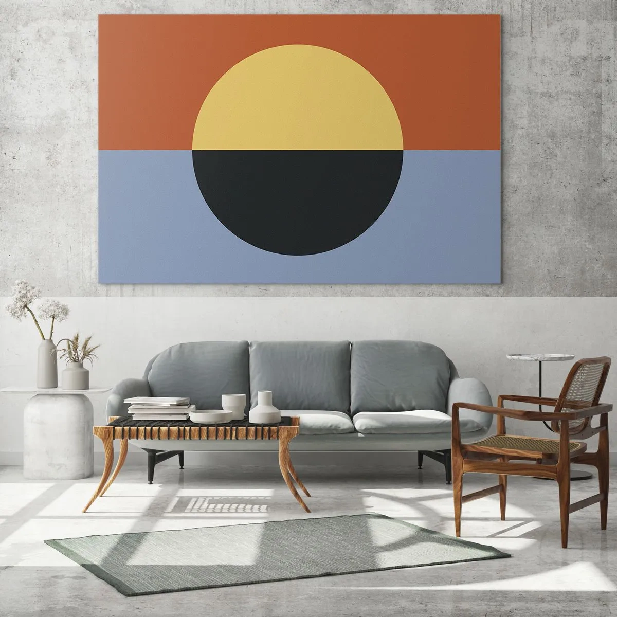 Cuadro sobre vidrio - Impresiones sobre Vidrio - Composición abstracta con un círculo en tonos cálidos y fríos. - 100x70cm - Una composición de calidez y frescura - Decoración de pared moderna para salón y dormitorio ARTTOR