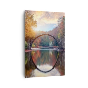 Cuadro sobre lienzo - Impresión de Imagen - Un puente de piedra en un paisaje otoñal sobre aguas tranquilas. - 80x120cm - Al otro lado del espejo - Decoración de pared moderna para salón y dormitorio ARTTOR