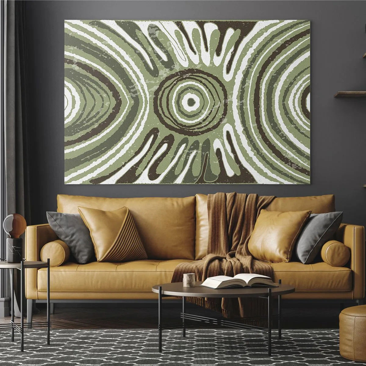 Cuadro sobre vidrio - Impresiones sobre Vidrio - Círculos concéntricos verdes y líneas abstractas - 100x70cm - Explosión de emociones - Decoración de pared moderna para salón y dormitorio ARTTOR