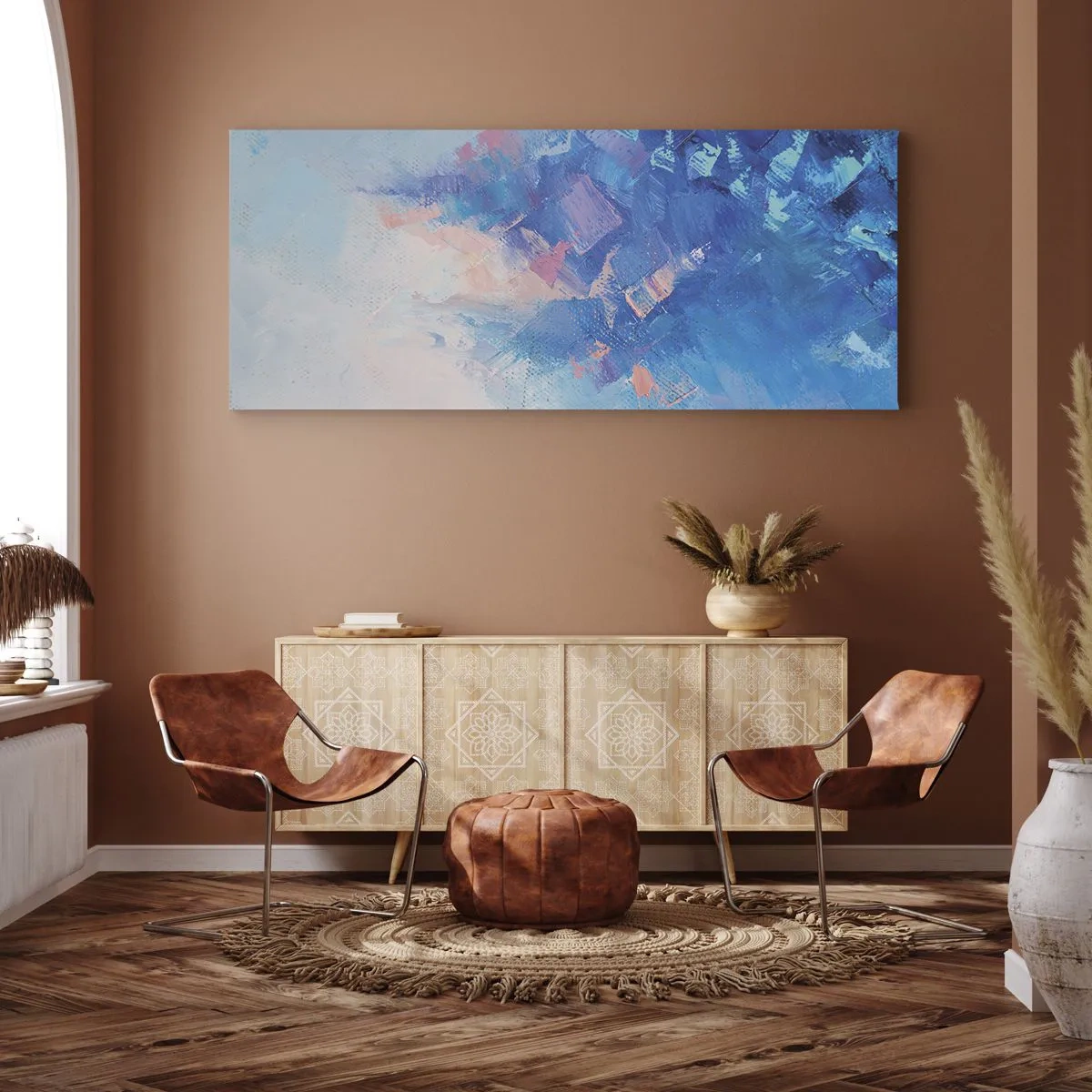 Cuadro sobre lienzo - Impresión de Imagen - Composición abstracta en tonos azules y rosas. - 140x50cm - Abstracción invernal - Decoración de pared moderna para salón y dormitorio ARTTOR