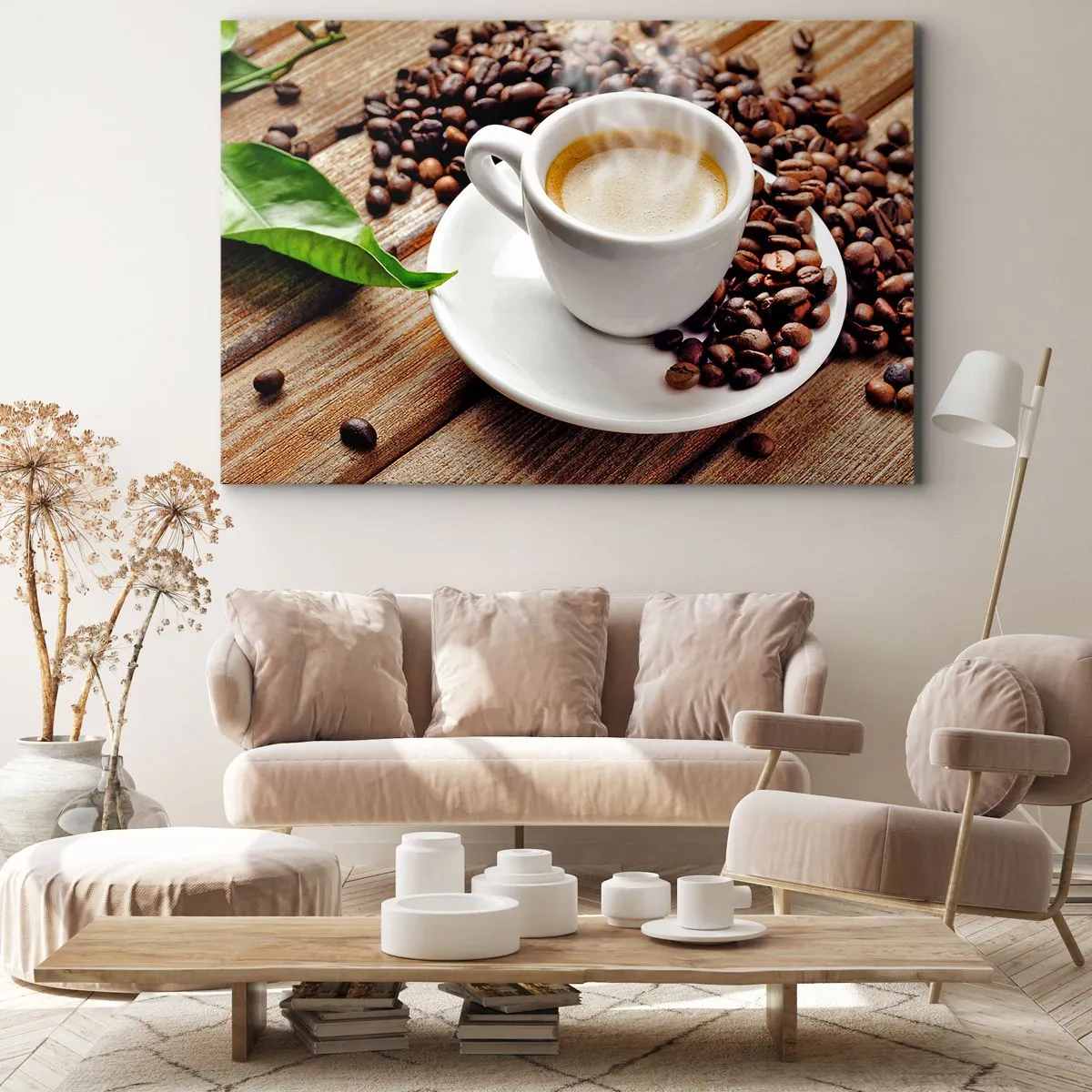 Cuadro sobre lienzo - Impresión de Imagen - Una taza de café aromático sobre un fondo de granos y una hoja. - 70x50cm - Café en el banco - Decoración de pared moderna para salón y dormitorio ARTTOR