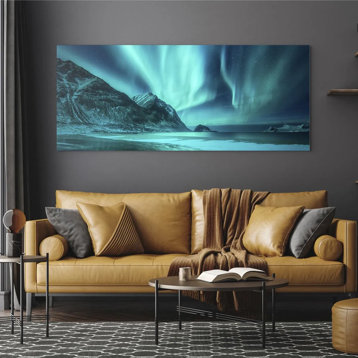 Cuadro sobre vidrio - Impresiones sobre Vidrio - Aurora boreal sobre un paisaje invernal montañoso - 120x50cm - Maravillas del norte - Decoración de pared moderna para salón y dormitorio ARTTOR