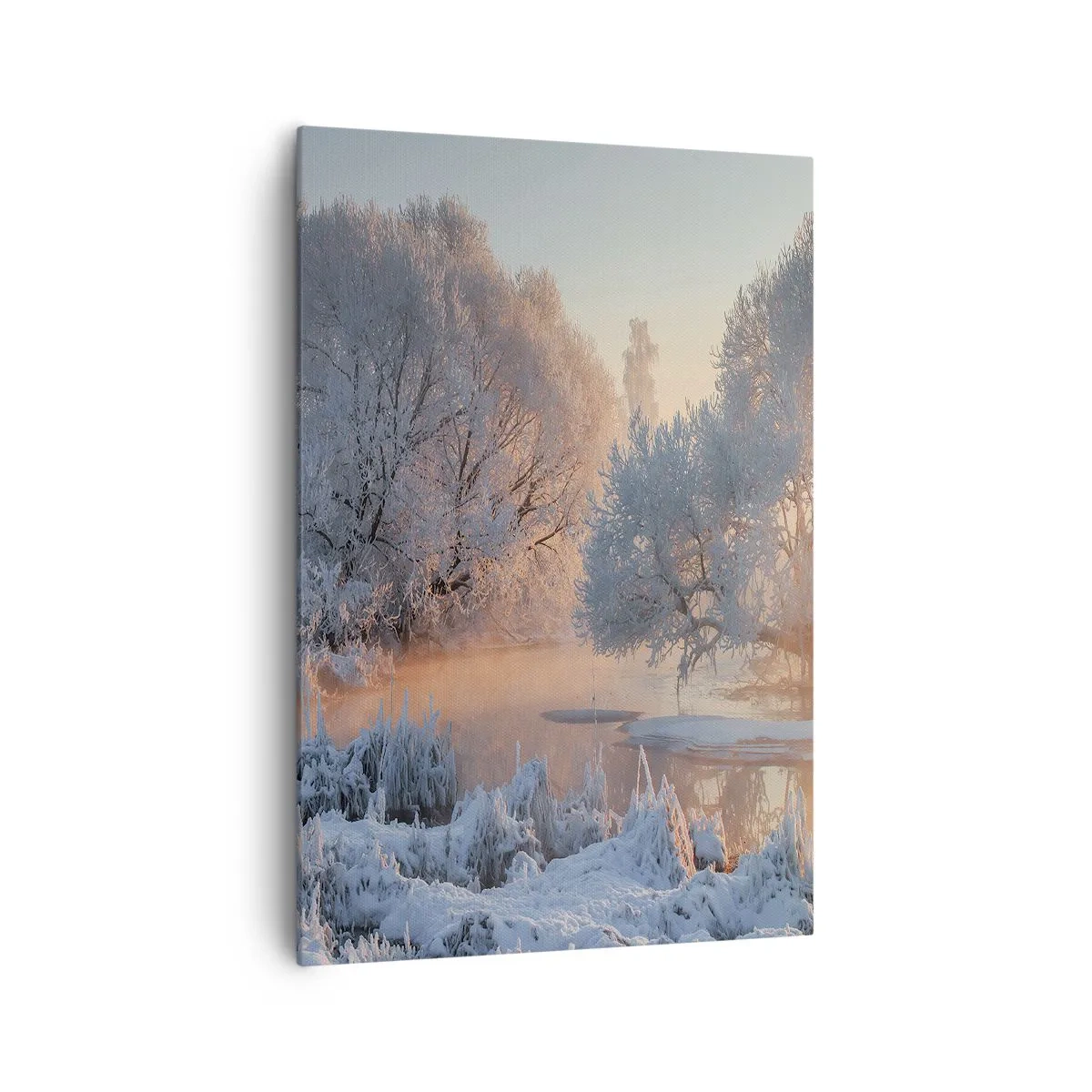 Cuadro sobre lienzo - Impresión de Imagen - Paisaje invernal con árboles cubiertos de nieve y una puesta de sol. - 70x100cm - Brillo cristalino - Decoración de pared moderna para salón y dormitorio ARTTOR