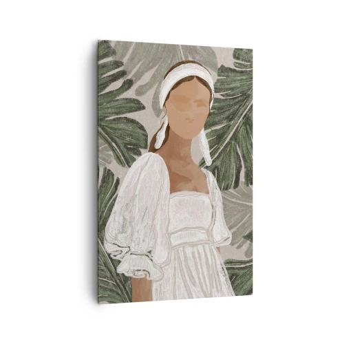 Cuadro sobre lienzo - Impresión de Imagen - Retrato de una mujer con un vestido blanco sobre un fondo de hojas de monstera. - 80x120cm - Retrato exótico - Decoración de pared moderna para salón y dormitorio ARTTOR
