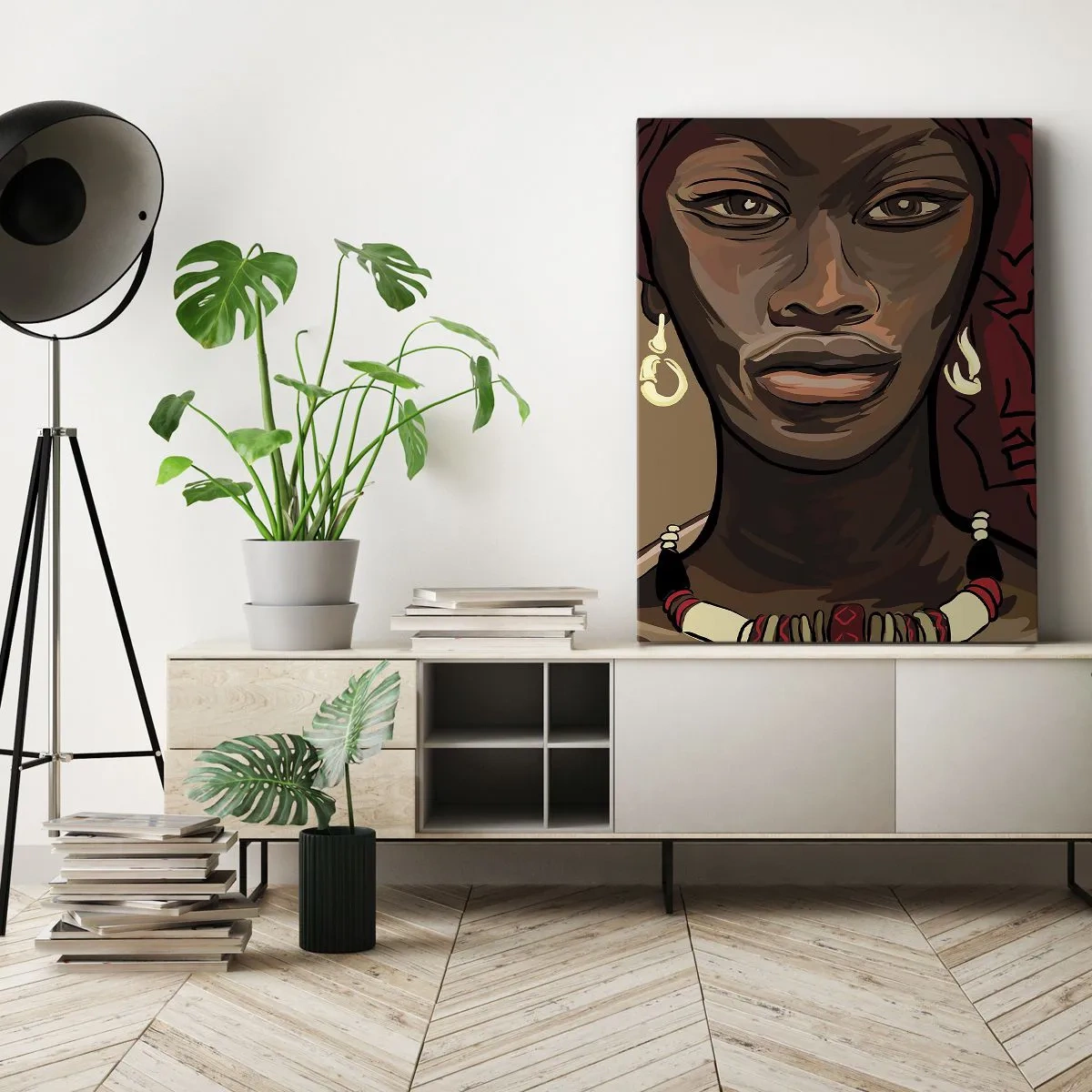 Cuadro sobre lienzo - Impresión de Imagen - Retrato de una mujer con un turbante rojo sobre un fondo beige - 50x70cm - Venus de ébano - Decoración de pared moderna para salón y dormitorio ARTTOR