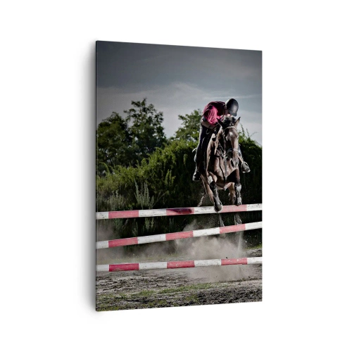 Cuadro sobre lienzo - Impresión de Imagen - Un jinete a caballo saltando sobre un obstáculo en una pista de carreras. - 70x100cm - Juntos por la victoria - Decoración de pared moderna para salón y dormitorio ARTTOR
