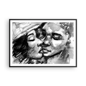 Póster en marco negro - Una acuarela en blanco y negro que representa un momento íntimo entre dos personas. - 100x70cm - Un momento tierno - Decoración de pared moderna para salón y dormitorio ARTTOR