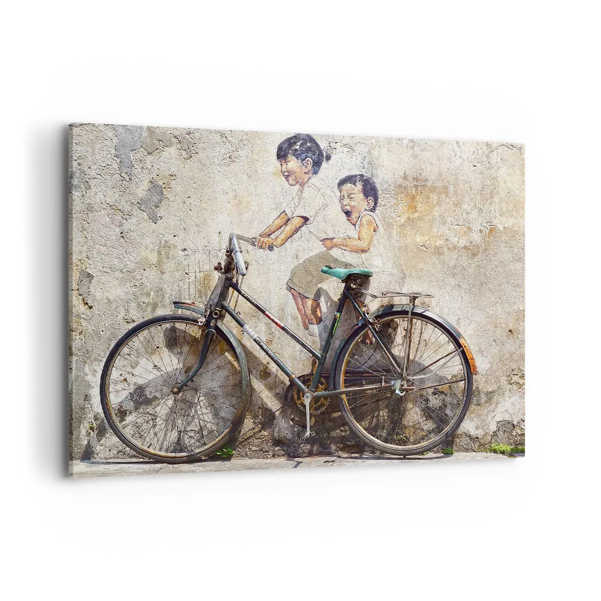Cuadro sobre lienzo - Impresión de Imagen - Arte callejero con una bicicleta y dibujos infantiles en la pared. - 100x70cm - ¿Verdadero o falso? - Decoración de pared moderna para salón y dormitorio ARTTOR