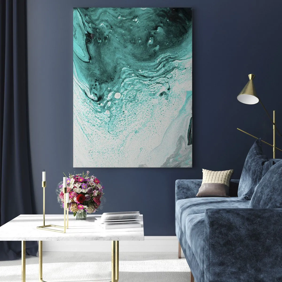 Cuadro sobre vidrio - Impresiones sobre Vidrio - Una pintura abstracta en tonos blanco y turquesa. - 50x70cm - Disolución en blanco y turquesa - Decoración de pared moderna para salón y dormitorio ARTTOR