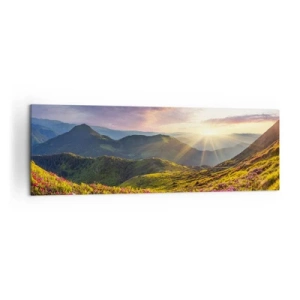 Cuadro sobre lienzo - Impresión de Imagen - Paisaje de montaña con rododendros en flor - 160x50cm - La frescura de una mañana de montaña - Decoración de pared moderna para salón y dormitorio ARTTOR