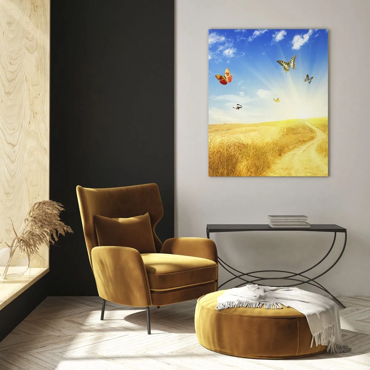 Cuadro sobre vidrio - Impresiones sobre Vidrio - Un campo dorado, un camino y mariposas contra un cielo azul. - 80x120cm - ¿Cómo no amar el verano? - Decoración de pared moderna para salón y dormitorio ARTTOR
