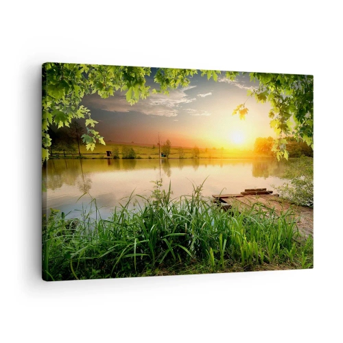 Cuadro sobre lienzo - Impresión de Imagen - Paisaje verde con un lago al atardecer - 70x50cm - Paisaje en un marco verde - Decoración de pared moderna para salón y dormitorio ARTTOR