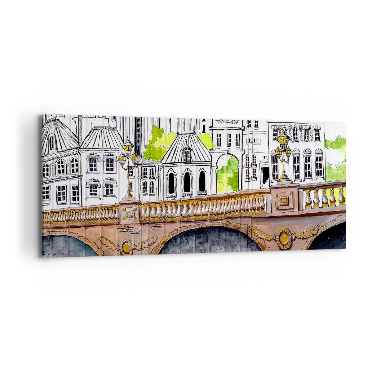 Cuadro sobre lienzo - Impresión de Imagen - Dibujo del puente y arquitectura urbana histórica - 120x50cm - Una ciudad de dibujo - Decoración de pared moderna para salón y dormitorio ARTTOR