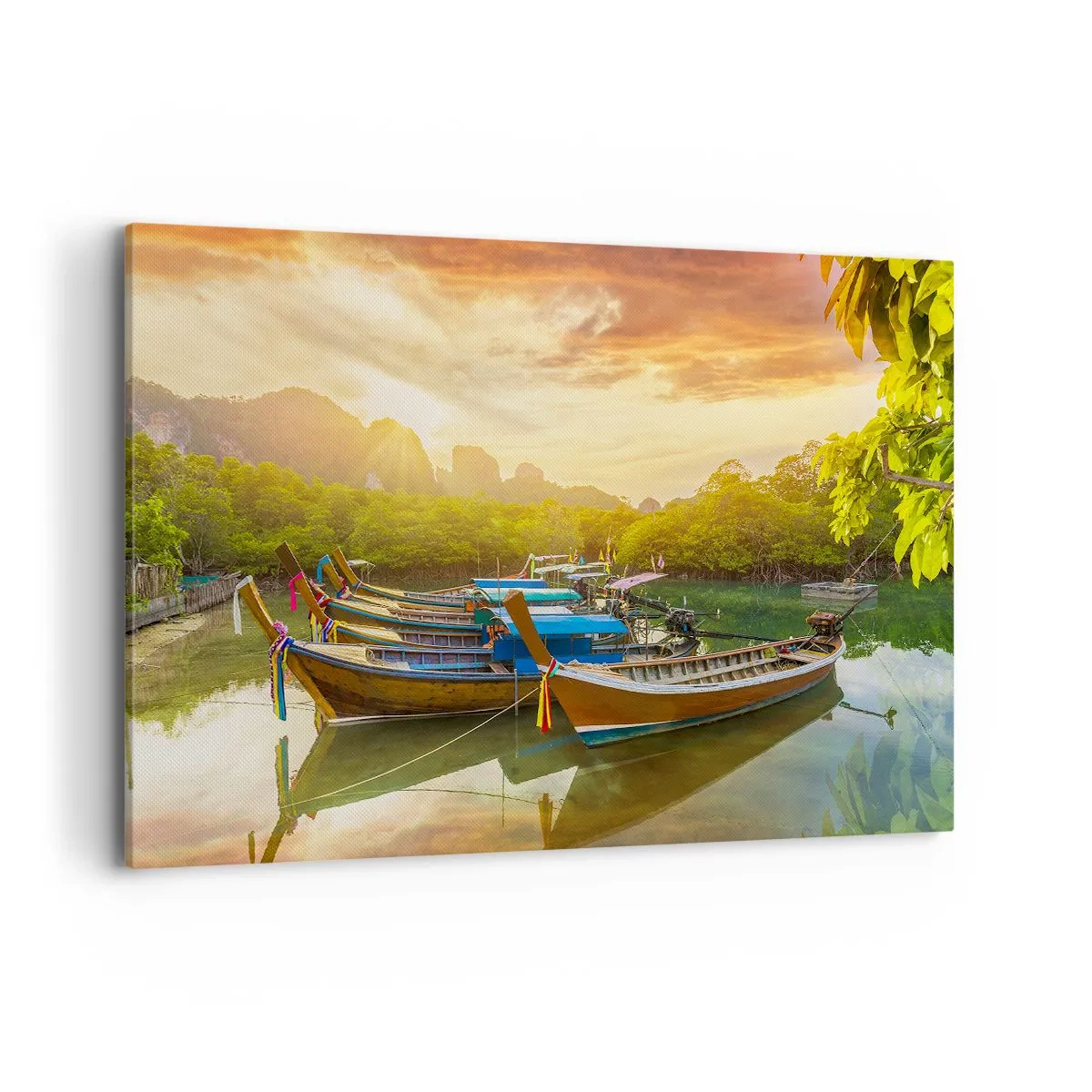 Cuadro sobre lienzo - Impresión de Imagen - Barcos tradicionales en aguas tranquilas al atardecer - 100x70cm - Antes de un día ajetreado - Decoración de pared moderna para salón y dormitorio ARTTOR