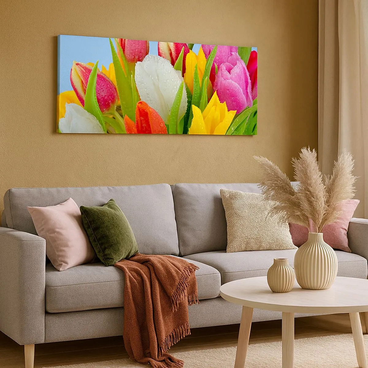 Cuadro sobre lienzo - Impresión de Imagen - Arco iris floral en gotas de rocío - 100x40 cm