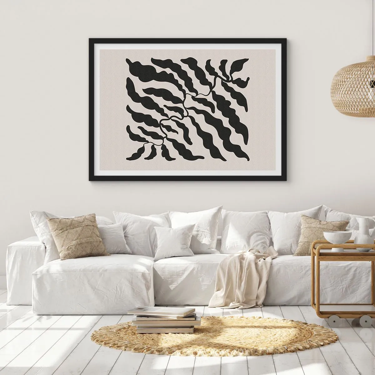 Póster en marco negro - Ramitas con hojas en negro sobre un fondo claro - 100x70cm - La naturaleza de un cuadrado - Decoración de pared moderna para salón y dormitorio ARTTOR