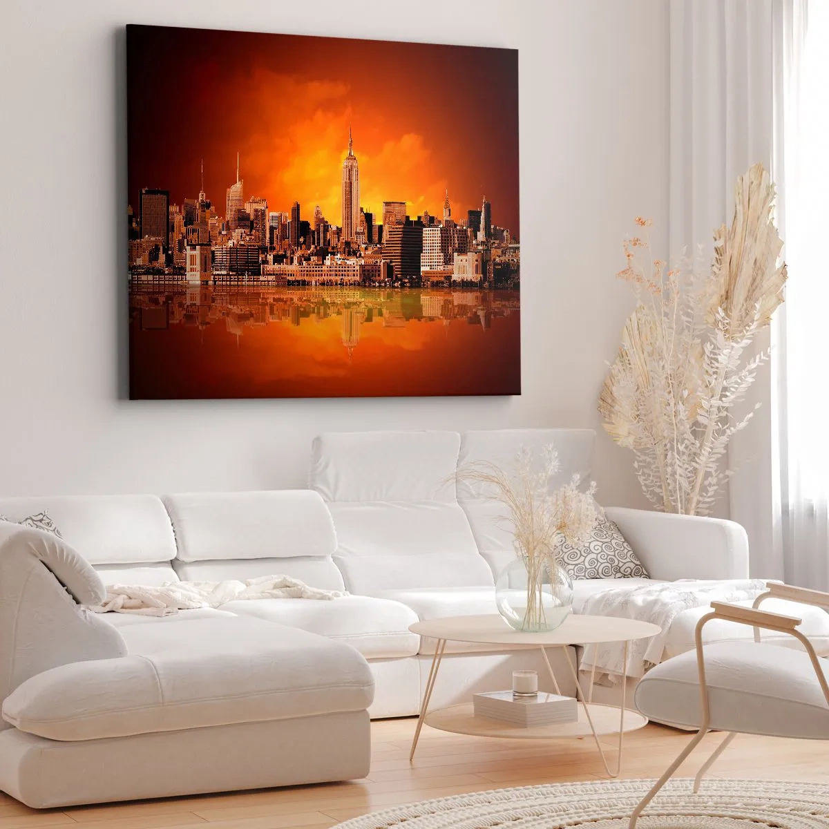 Cuadro sobre lienzo - Impresión de Imagen - Panorama de la ciudad al atardecer con edificios reflejados en el agua. - 70x50cm - Un panorama de la ciudad en amarillo y marrón - Decoración de pared moderna para salón y dormitorio ARTTOR