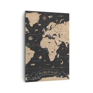 Cuadro sobre lienzo - Impresión de Imagen - Un mapa del mundo estilizado sobre un fondo negro con acentos beige. - 70x100cm - Las fronteras de mi mundo - Decoración de pared moderna para salón y dormitorio ARTTOR