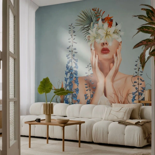 Fotomural Premium Sand - Retrato de una mujer rodeada de flores en un arreglo artístico. - 100x70cm - Mujer-flor - Decoración de pared moderna para salón y dormitorio ARTTOR